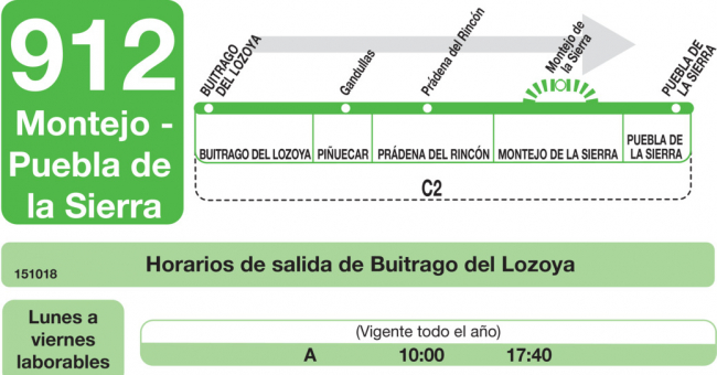 Tabla de horarios y frecuencias de paso en sentido ida Línea 912: Buitrago - Montejo - Puebla de la Sierra