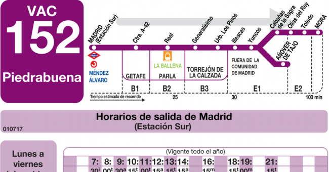 Tabla de horarios y frecuencias de paso en sentido ida Línea VAC-152: Madrid (Estación Sur) - Piedrabuena