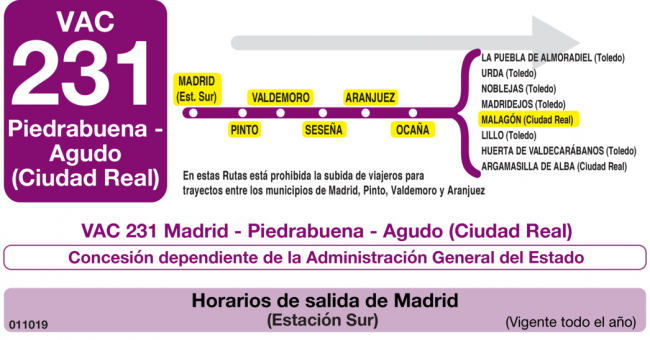 Tabla de horarios y frecuencias de paso en sentido ida Línea VAC-231 Ruta 3: Ruta 3: Madrid - Malagón