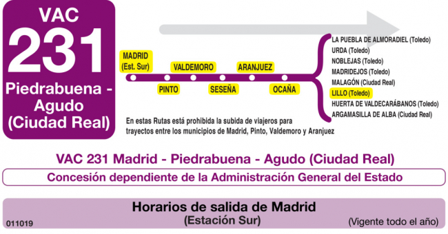 Tabla de horarios y frecuencias de paso en sentido ida Línea VAC-231 Ruta 5: Ruta 5: Madrid - Lillo