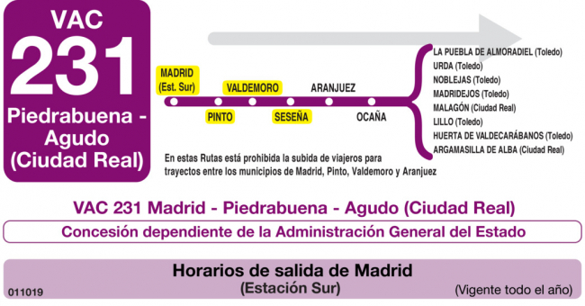 Tabla de horarios y frecuencias de paso en sentido ida Línea VAC-231 Ruta 6: Ruta 6: Madrid - Seseña (Urbanización El Quiñón)