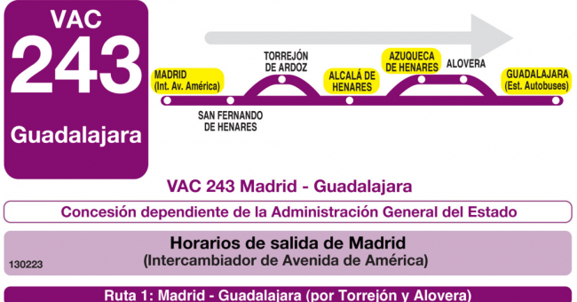 Tabla de horarios y frecuencias de paso en sentido ida Línea VAC-243 Ruta 6: Ruta 6: Madrid - Azuqueca de Henares