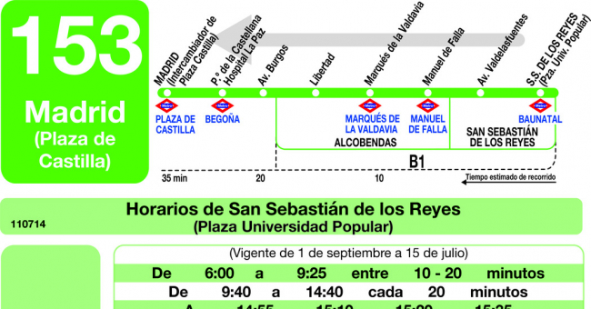 Tabla de horarios y frecuencias de paso en sentido vuelta Línea 153: Madrid (Plaza Castilla) - Alcobendas - Rosa de Luxemburgo