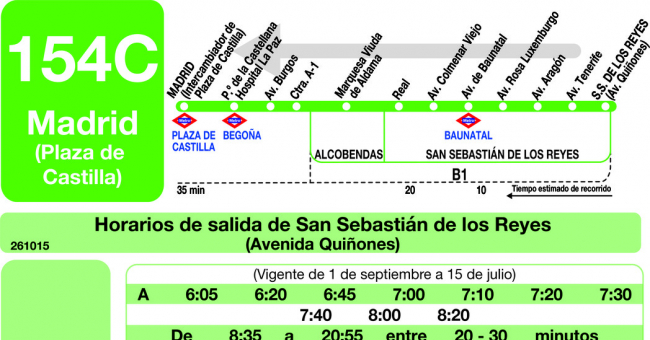 Tabla de horarios y frecuencias de paso en sentido vuelta Línea 154-C: Madrid (Plaza Castilla) - San Sebastián de los Reyes