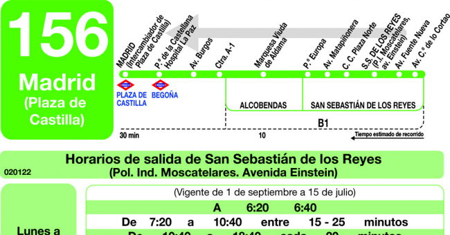 Tabla de horarios y frecuencias de paso en sentido vuelta Línea 156: Madrid (Plaza Castilla) - San Sebastián de los Reyes (Moscatelares)