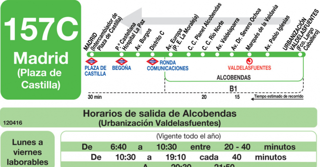 Tabla de horarios y frecuencias de paso en sentido vuelta Línea 157-C: Madrid (Plaza Castilla) - Alcobendas (Valdelasfuentes)