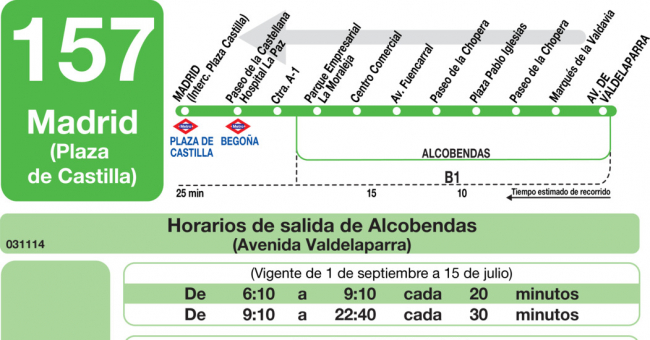 Tabla de horarios y frecuencias de paso en sentido vuelta Línea 157: Madrid (Plaza Castilla) - Alcobendas (Paseo de la Chopera)