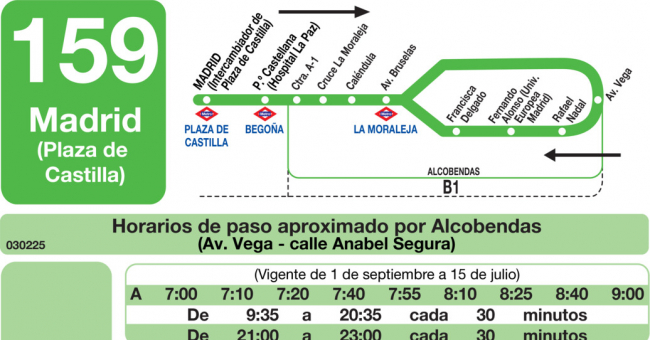 Tabla de horarios y frecuencias de paso en sentido vuelta Línea 159: Madrid (Plaza Castilla) - Alcobendas (Arroyo de la Vega)