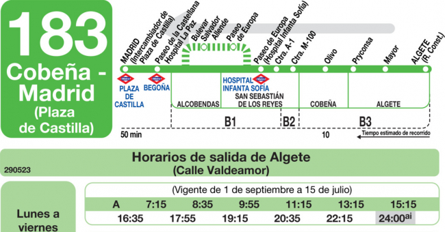 Tabla de horarios y frecuencias de paso en sentido vuelta Línea 183: Madrid (Plaza Castilla) - Cobeña - Algete