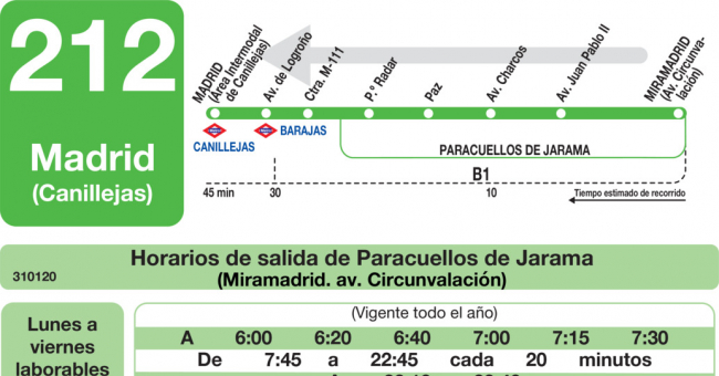 Tabla de horarios y frecuencias de paso en sentido vuelta Línea 212: Madrid (Canillejas) - Paracuellos (Berrocales)