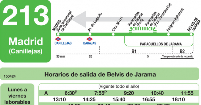 Tabla de horarios y frecuencias de paso en sentido vuelta Línea 213: Madrid (Canillejas) - Belvis