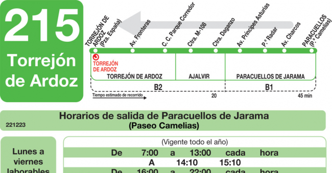 Tabla de horarios y frecuencias de paso en sentido vuelta Línea 215: Torrejón de Ardoz - Paracuellos de Jarama