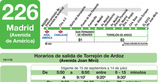 Tabla de horarios y frecuencias de paso en sentido vuelta Línea 226: Madrid (Avenida América) - Torrejón de Ardoz (Las Veredillas)