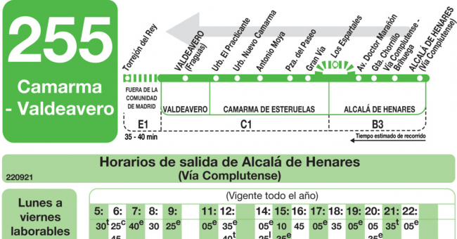 Tabla de horarios y frecuencias de paso en sentido vuelta Línea 255: Valdeavero - Camarma de Esteruelas - Alcalá de Henares