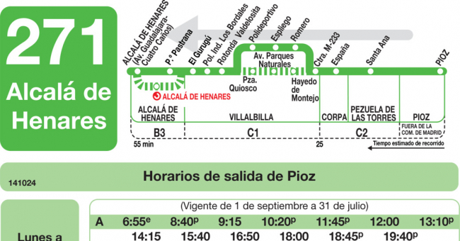 Tabla de horarios y frecuencias de paso en sentido vuelta Línea 271: Alcala de Henares - Pezuela - Pioz