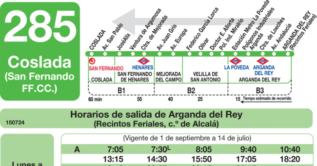 Tabla de horarios y frecuencias de paso en sentido vuelta Línea 285: Coslada (San Fernando RENFE) - Velilla - Arganda del Rey