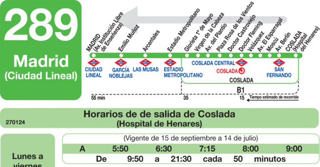 Tabla de horarios y frecuencias de paso en sentido vuelta Línea 289: Madrid (Ciudad Lineal) - Coslada (Hospital)