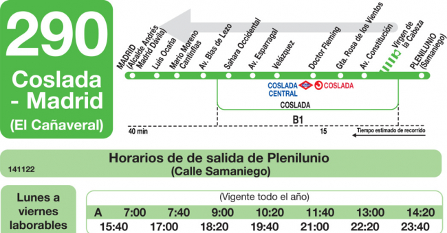 Tabla de horarios y frecuencias de paso en sentido vuelta Línea 290: Madrid (El Cañaveral) - Coslada (Plenilunio)