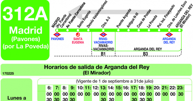 Tabla de horarios y frecuencias de paso en sentido vuelta Línea 312-A: Madrid (Conde Casal) - Arganda (El Mirador) - La Poveda