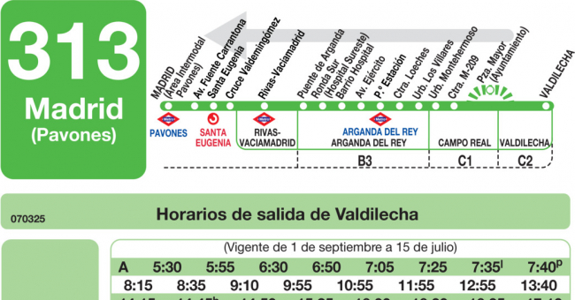 Tabla de horarios y frecuencias de paso en sentido vuelta Línea 313: Madrid (Conde Casal) - Valdilecha