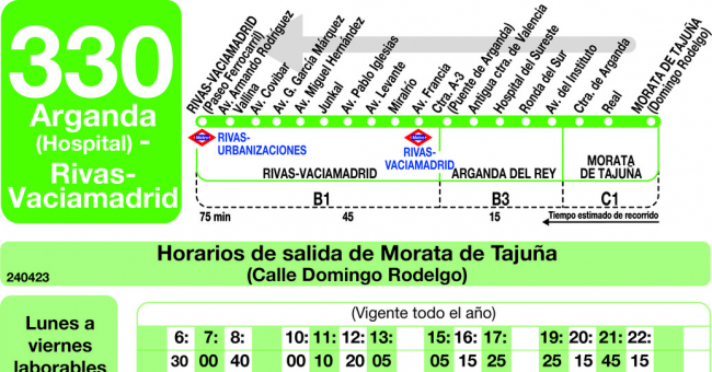 Tabla de horarios y frecuencias de paso en sentido vuelta Línea 330: Rivas - Arganda (Hospital) - Morata