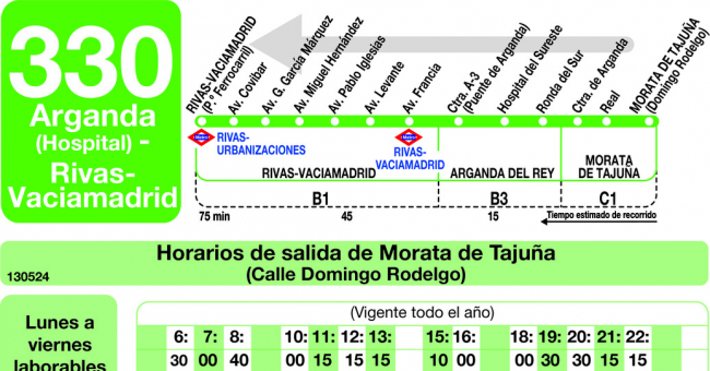 Tabla de horarios y frecuencias de paso en sentido vuelta Línea 330: Rivas - Arganda (Hospital) - Morata