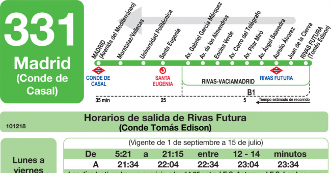 Tabla de horarios y frecuencias de paso en sentido vuelta Línea 331: Madrid (Conde Casal) - Rivas Urbanización (Santa Mónica)