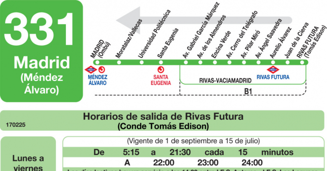 Tabla de horarios y frecuencias de paso en sentido vuelta Línea 331: Madrid (Conde Casal) - Rivas Urbanización (Santa Mónica)