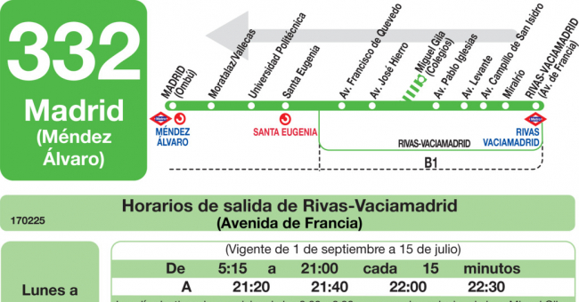 Tabla de horarios y frecuencias de paso en sentido vuelta Línea 332: Madrid (Conde de Casal) - Rivas (Pueblo)