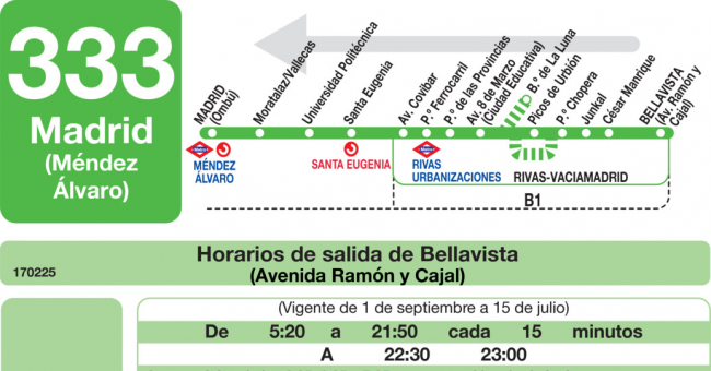 Tabla de horarios y frecuencias de paso en sentido vuelta Línea 333: Madrid (Conde Casal) - Rivas Urbanización (Covibar II)