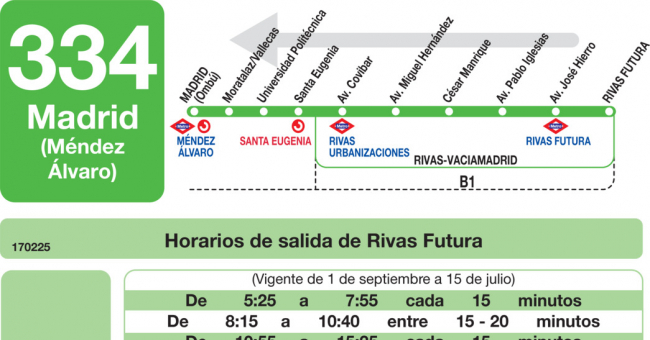 Tabla de horarios y frecuencias de paso en sentido vuelta Línea 334: Madrid (Conde Casal) - Rivas Urbanización - Rivas Futura