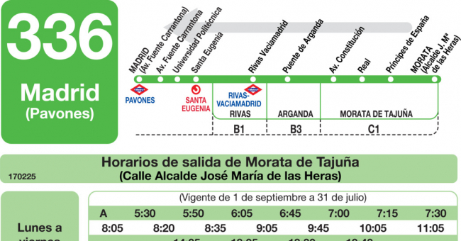 Tabla de horarios y frecuencias de paso en sentido vuelta Línea 336: Madrid (Conde Casal) - Morata de Tajuña