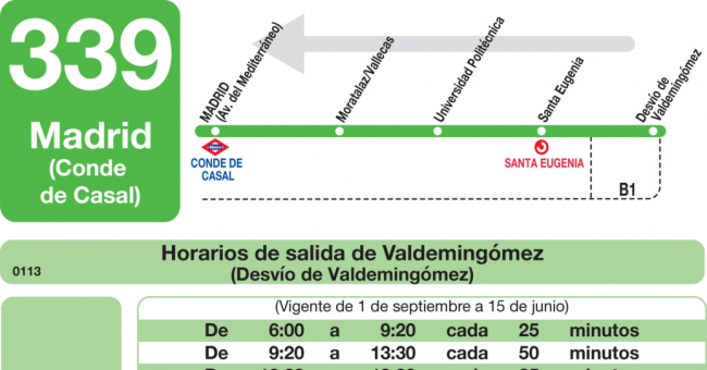 Tabla de horarios y frecuencias de paso en sentido vuelta Línea 339: Madrid (Conde de Casal) - Valdemingómez