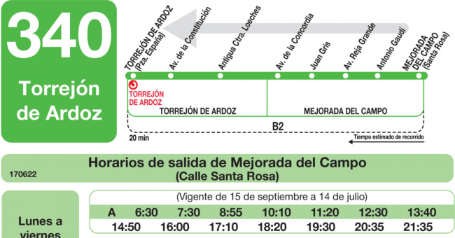 Tabla de horarios y frecuencias de paso en sentido vuelta Línea 340: Madrid (Avenida América) - Mejorada del Campo