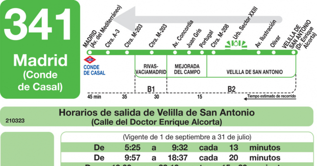 Tabla de horarios y frecuencias de paso en sentido vuelta Línea 341: Madrid (Conde Casal) - Mejorada - Velilla