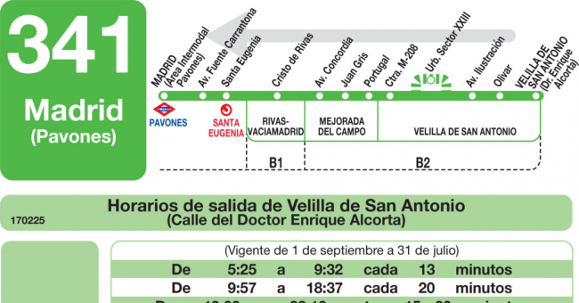 Tabla de horarios y frecuencias de paso en sentido vuelta Línea 341: Madrid (Conde Casal) - Mejorada - Velilla