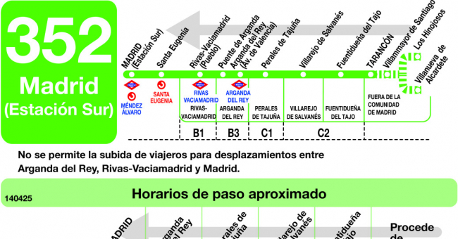 Tabla de horarios y frecuencias de paso en sentido vuelta Línea 352: Madrid (Ronda Atocha) - Fuentidueña - Tarancon