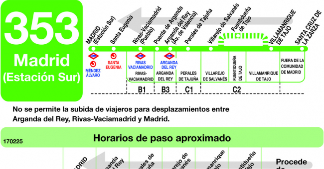 Tabla de horarios y frecuencias de paso en sentido vuelta Línea 353: Madrid (Ronda Atocha) - Villamanrique - Santa Cruz