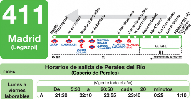 Tabla de horarios y frecuencias de paso en sentido vuelta Línea 411: Madrid (Legazpi) - Perales del Río