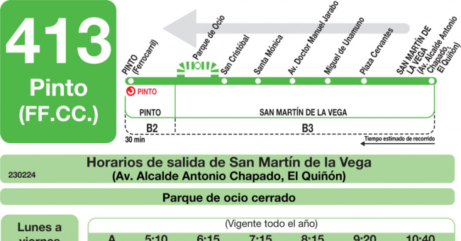 Tabla de horarios y frecuencias de paso en sentido vuelta Línea 413: Pinto - San Martín de la Vega - Parque Warner