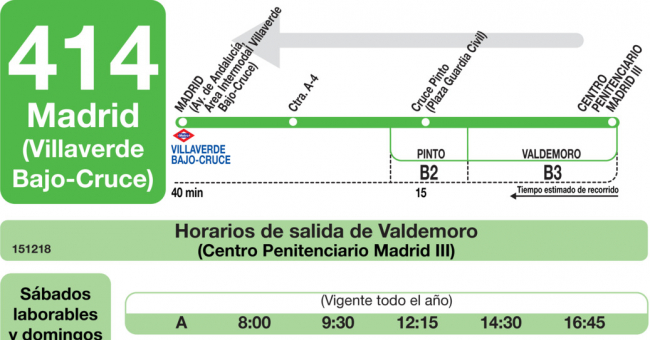 Tabla de horarios y frecuencias de paso en sentido vuelta Línea 414: Madrid (Villaverde Bajo - Cruce) - Centro Penitenciario Madrid III