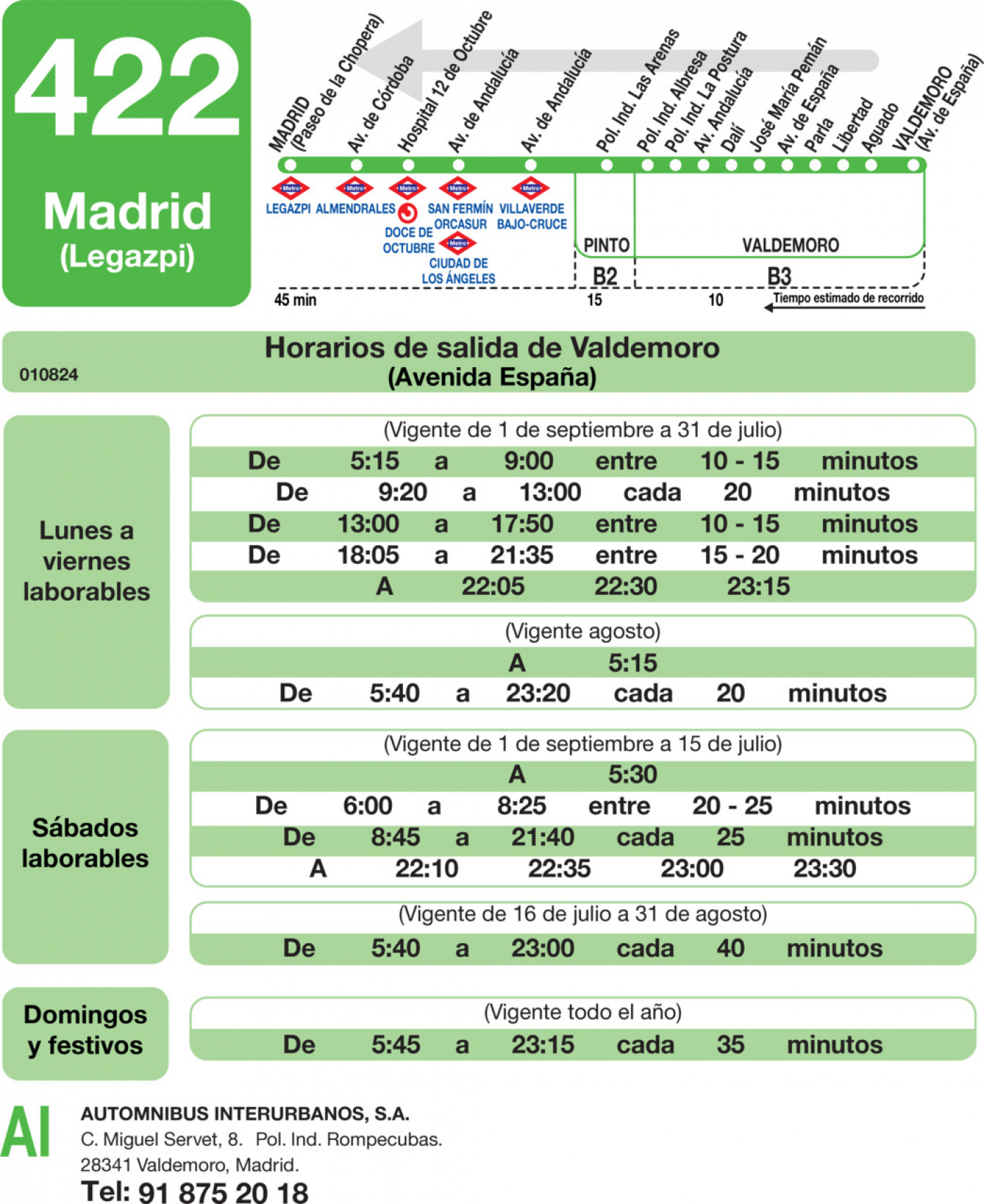 autobus 622 horarios verano