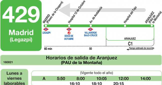 Tabla de horarios y frecuencias de paso en sentido vuelta Línea 429: Madrid (Legazpi) - Aranjuez (PAU de la Montaña)