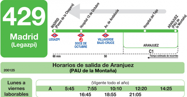 Tabla de horarios y frecuencias de paso en sentido vuelta Línea 429: Madrid (Legazpi) - Aranjuez (PAU de la Montaña)