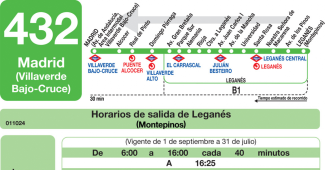 Tabla de horarios y frecuencias de paso en sentido vuelta Línea 432: Madrid (Villaverde Bajo - Cruce) - Leganés