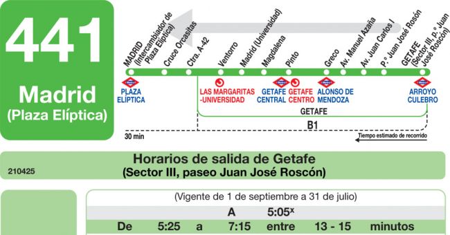 Tabla de horarios y frecuencias de paso en sentido vuelta Línea 441: Madrid (Plaza Elíptica) - Getafe (Sector III - Paseo Juan José Rosón)