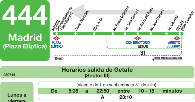 Tabla de horarios y frecuencias de paso en sentido vuelta Línea 444: Madrid (Plaza Elíptica) - Getafe (Sector III - Islas Canarias)