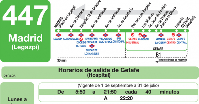 Tabla de horarios y frecuencias de paso en sentido vuelta Línea 447: Madrid (Legazpi) - Getafe (Hospital)