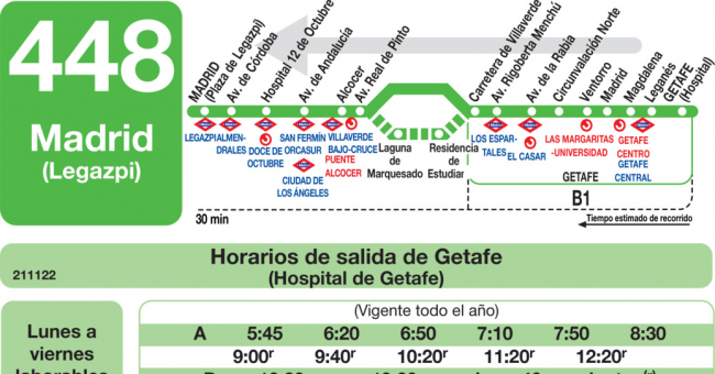 Tabla de horarios y frecuencias de paso en sentido vuelta Línea 448: Madrid (Legazpi) - Getafe (Villaverde)