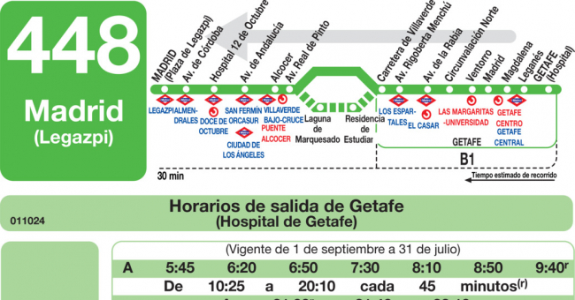 Tabla de horarios y frecuencias de paso en sentido vuelta Línea 448: Madrid (Legazpi) - Getafe (Villaverde)